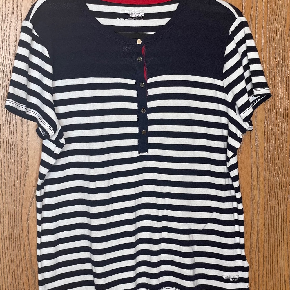 CHAPS SPORT WOMENS NAUTICAL NAVY BLUE & WHITE STRIPED TOP BUTTON FRONT